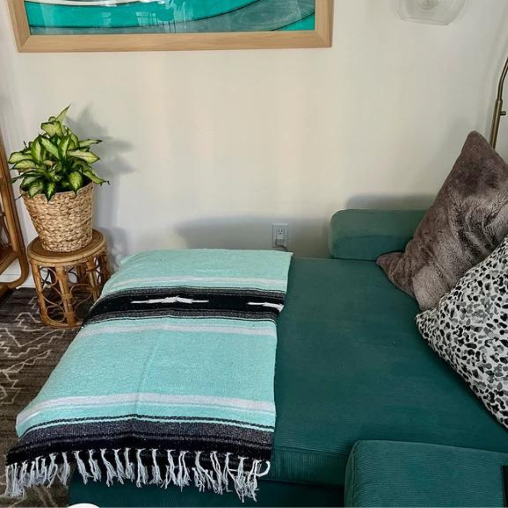 Mint Diamond Baja Yoga Blanket Lifestyle on Sofa