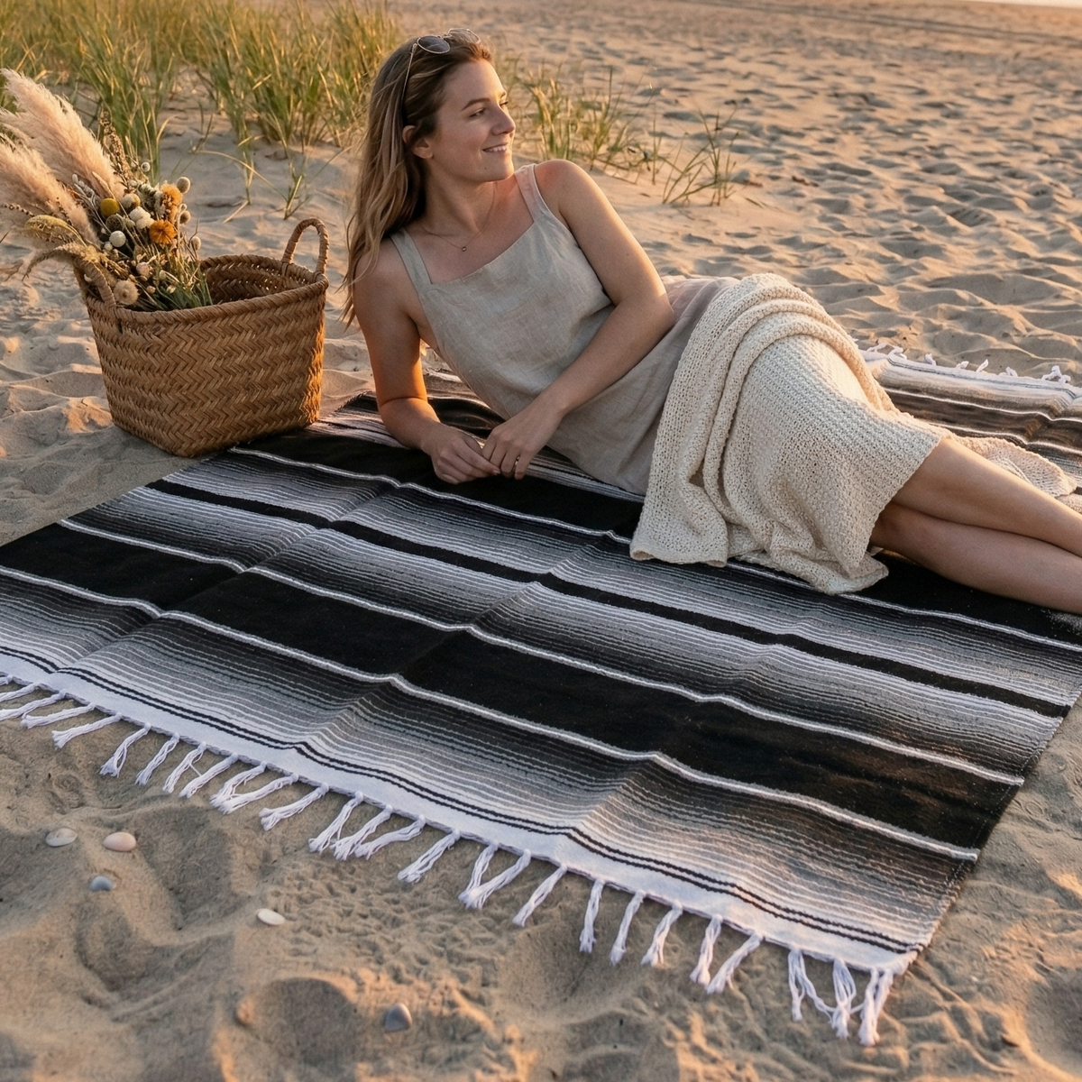 Midnight Isla Serape Yoga Blanket Lifestyle on Beach