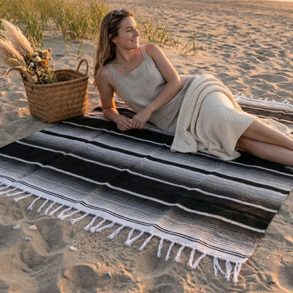 Midnight Isla Serape Yoga Blanket Lifestyle on Beach