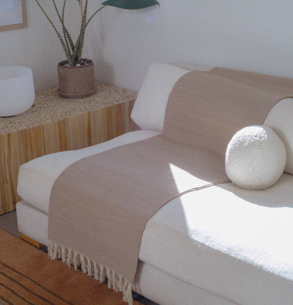 Clay organic cotton yoga blanket in a home yoga setting