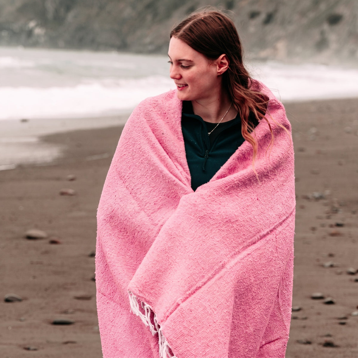 Pink Solid Baja Yoga Blanket Wrapped Lifestyle