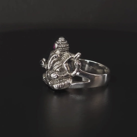 Ganesh with Ruby and Sapphire Ring in Sterling Silver 360 View