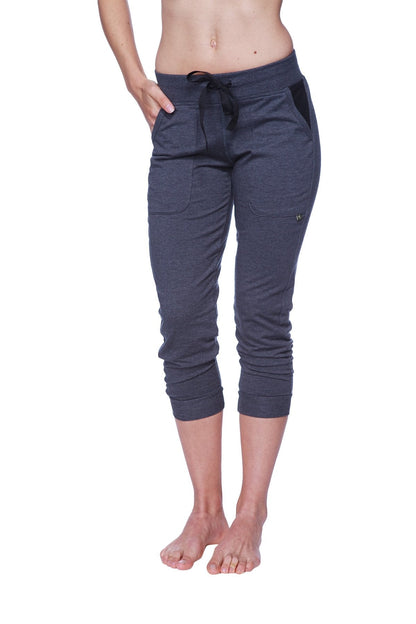 Women's 3/4 Cuffed Capri Yoga Pants (Charcoal w/Black) Front