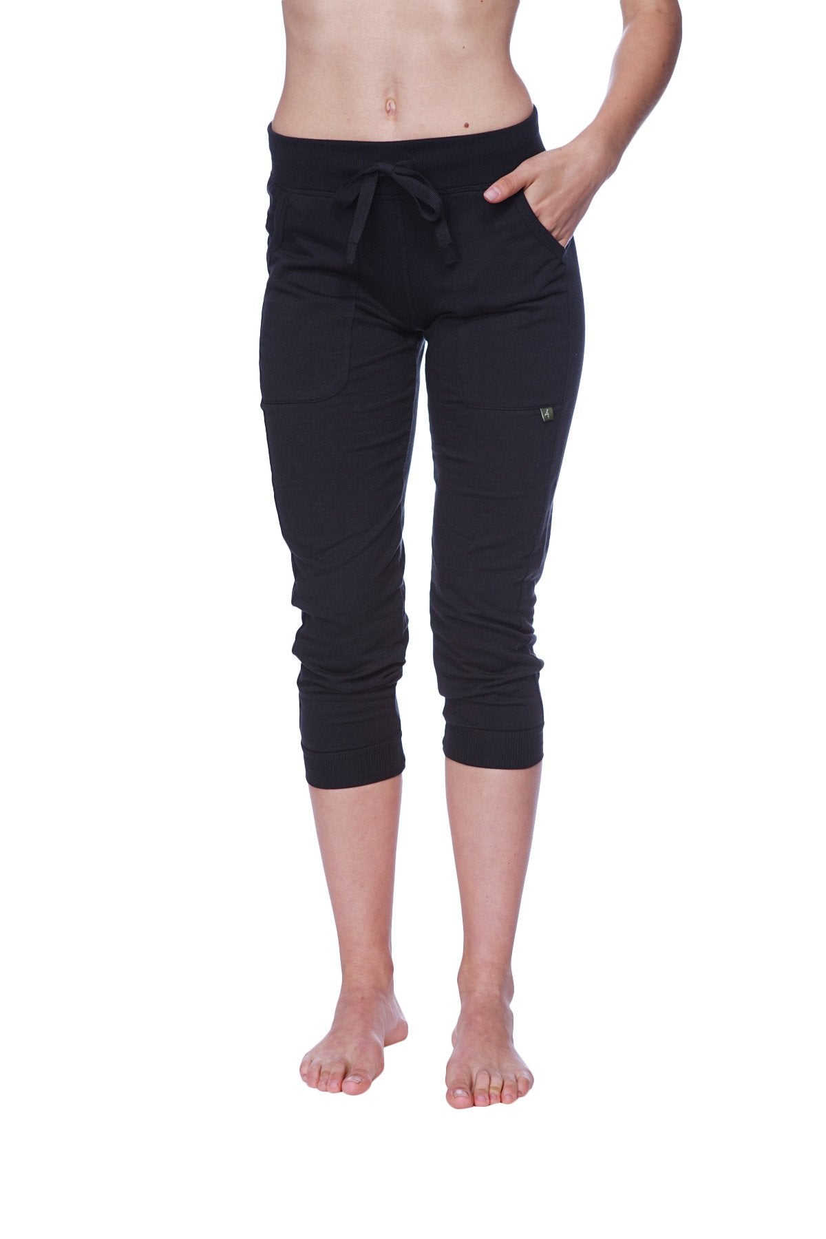 Women's 3/4 Cuffed Capri Yoga Pants (Solid Black) Front