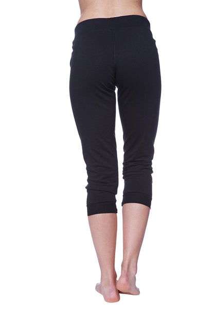 Women's 3/4 Cuffed Capri Yoga Pants (Solid Black) Back