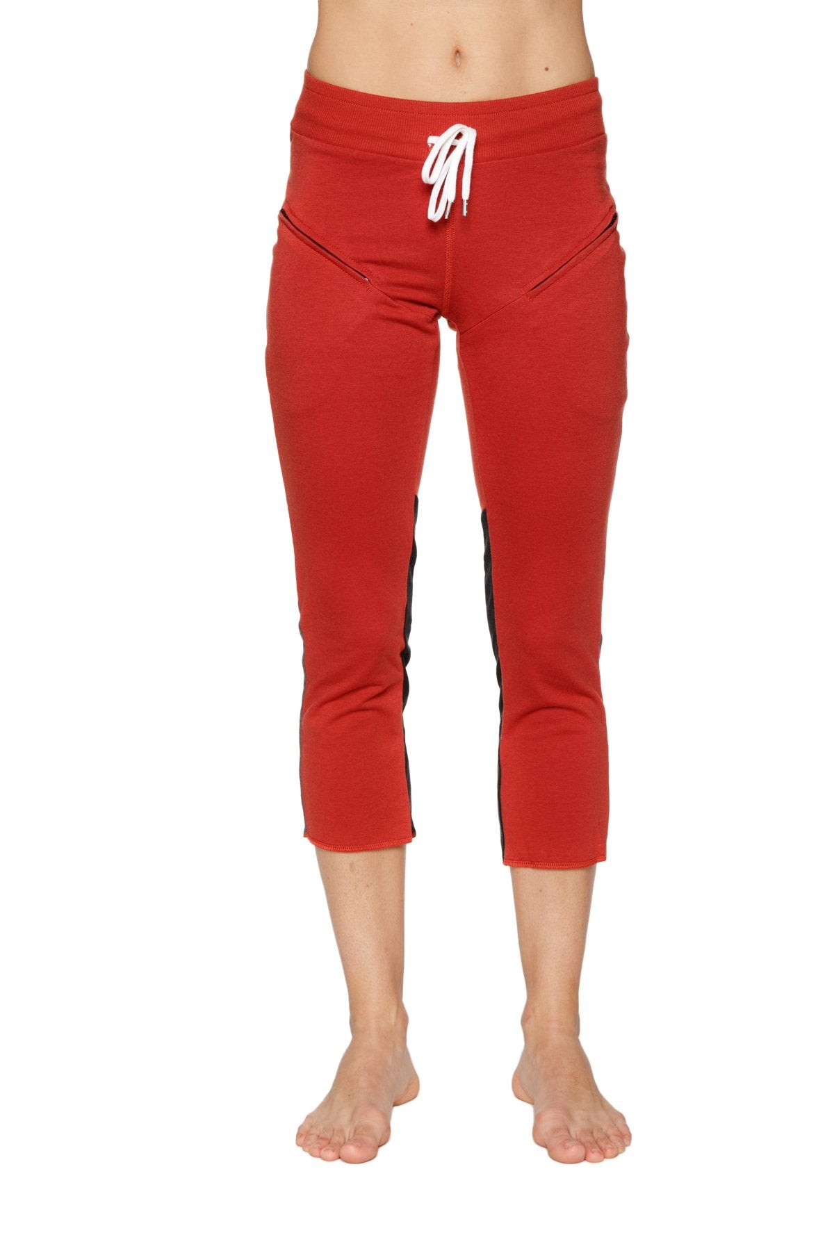 Front view of Women's 4/5 capri yoga pants in Cinnabar Red