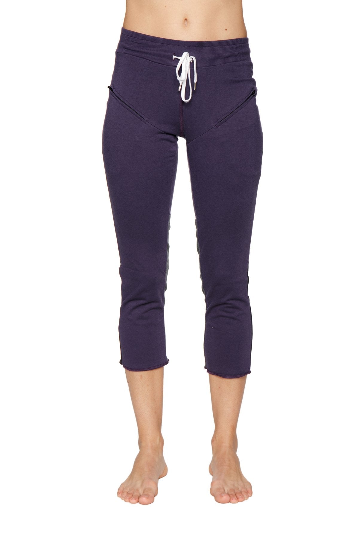 Front view of Women's 4/5 capri yoga pants in Eggplant Purple