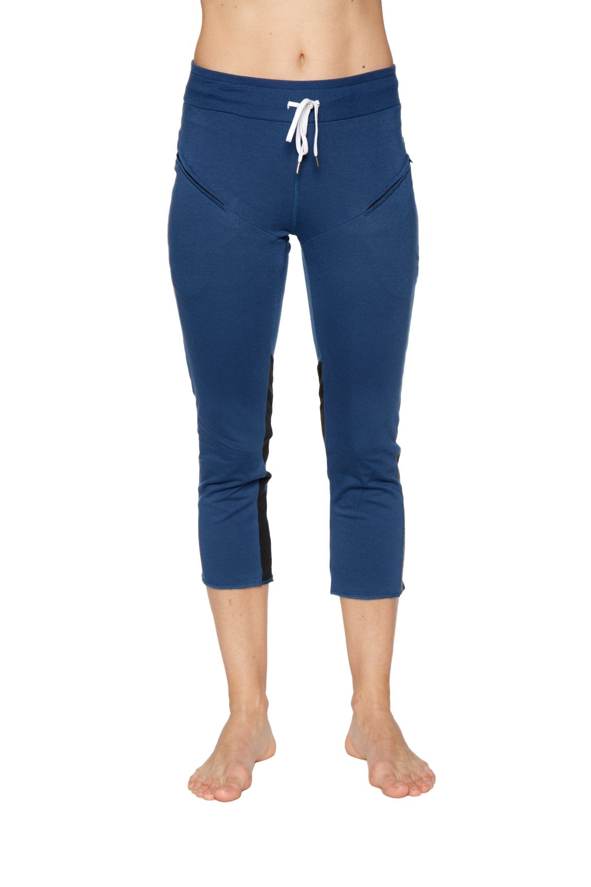 Front view of Women's 4/5 capri yoga pants in Royal Blue