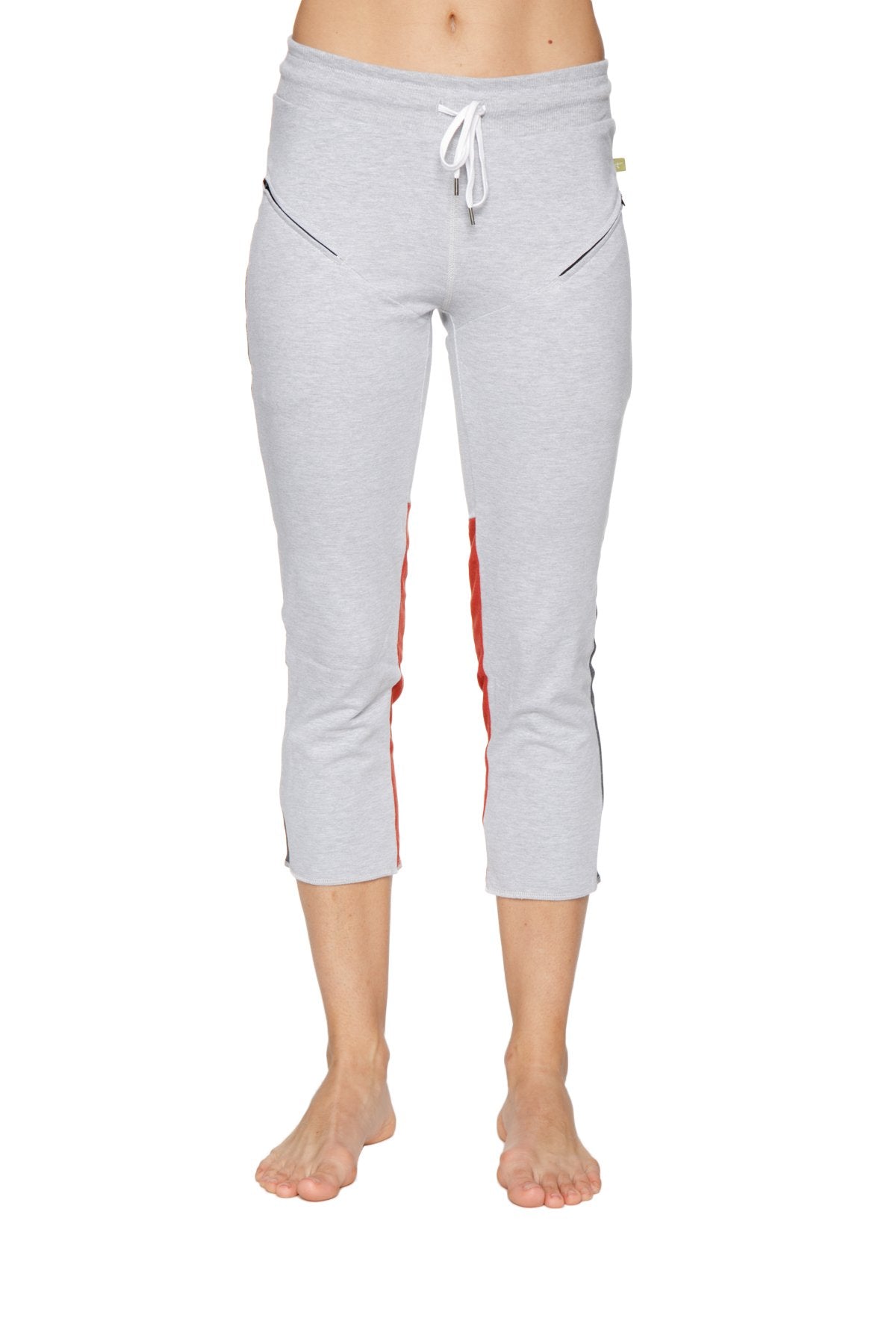 Women's 4/5 Length Zipper Pocket Capri Yoga Pants (Grey w/Charcoal & Red) Front