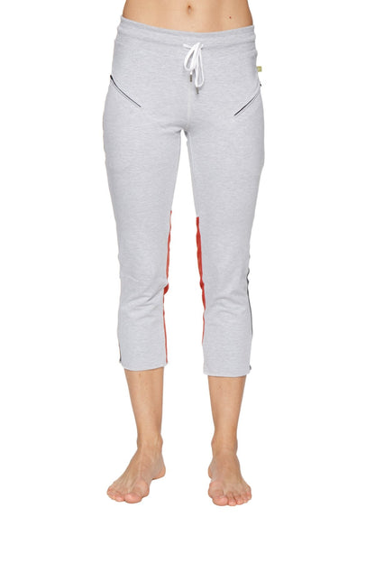 Women's 4/5 Length Zipper Pocket Capri Yoga Pants (Grey w/Charcoal & Red) Front