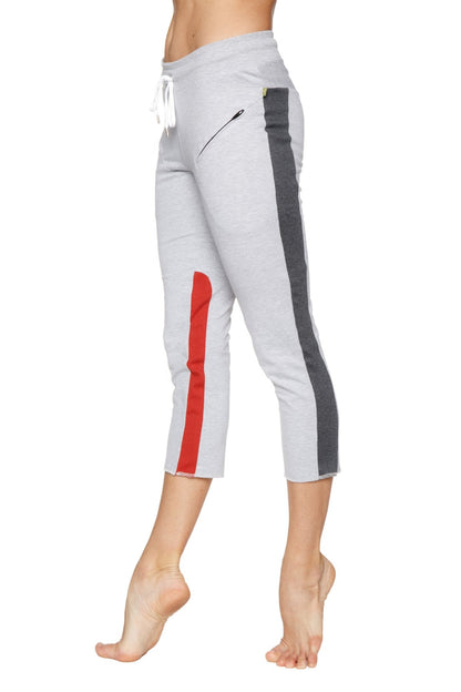 Women's 4/5 Length Zipper Pocket Capri Yoga Pants (Grey w/Charcoal & Red)